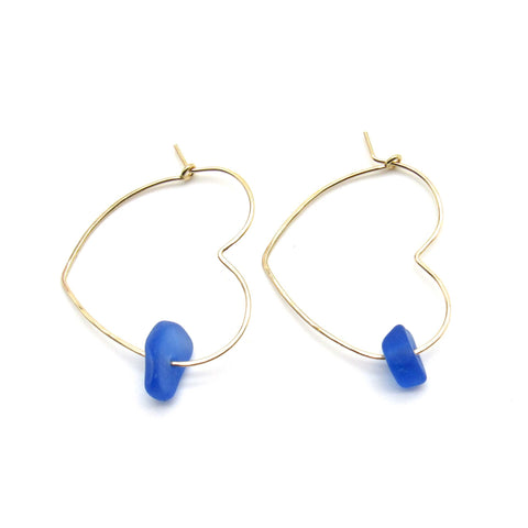Heart Hoop Earrings | Light Cobalt Sea Glass & Gold