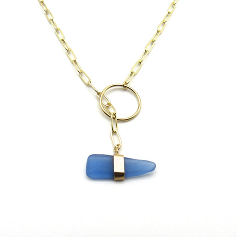 Dainty gold filled lariat necklace made with rare cobalt sea glass