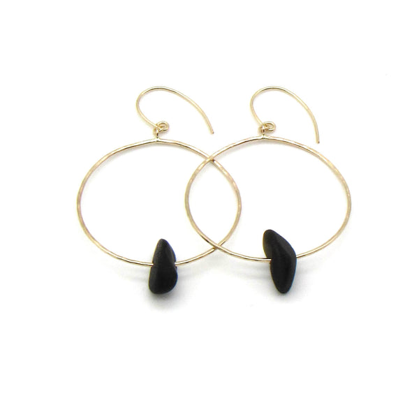 Rare black sea glass hoop earrings with dainty hammered gold